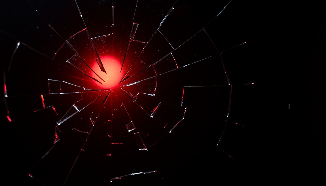 An extreme close-up photograph of a shattered glass surface, reflecting a faint, glowing red light, conceptually representing the fragility and resilience of Lamar Odom's journey to sobriety.