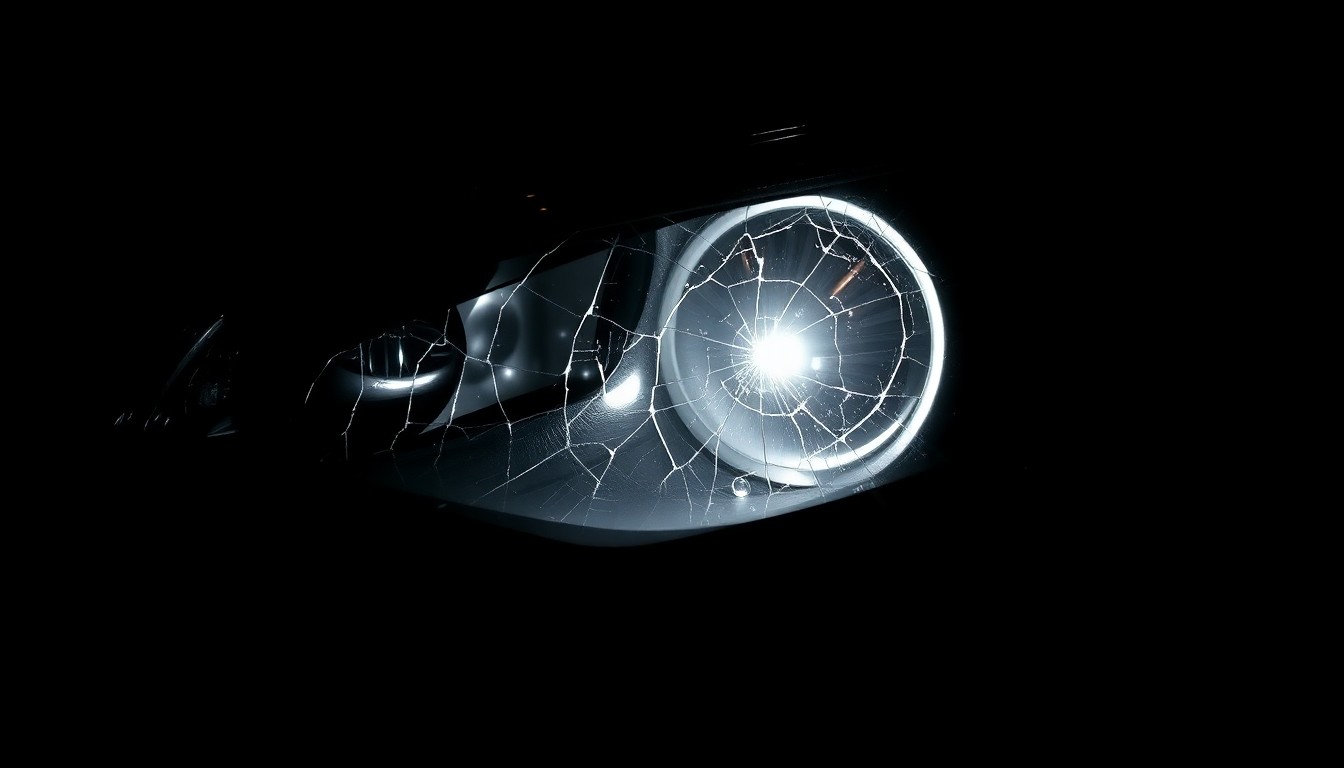 An extreme close-up of a cracked and damaged car headlight lens, the harsh flash illuminating the intricate details of the shattered glass and metal, conceptually representing the aftermath of a serious interstate accident.