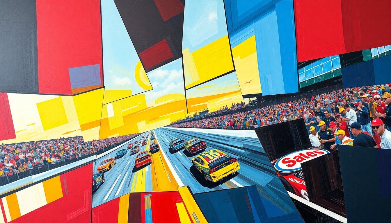 A fractured, cubist-style painting depicting the chaos and energy of a NASCAR race at Martinsville Speedway, with sharp geometric shapes and planes of color representing the speed, action, and competition on the historic Virginia short track.