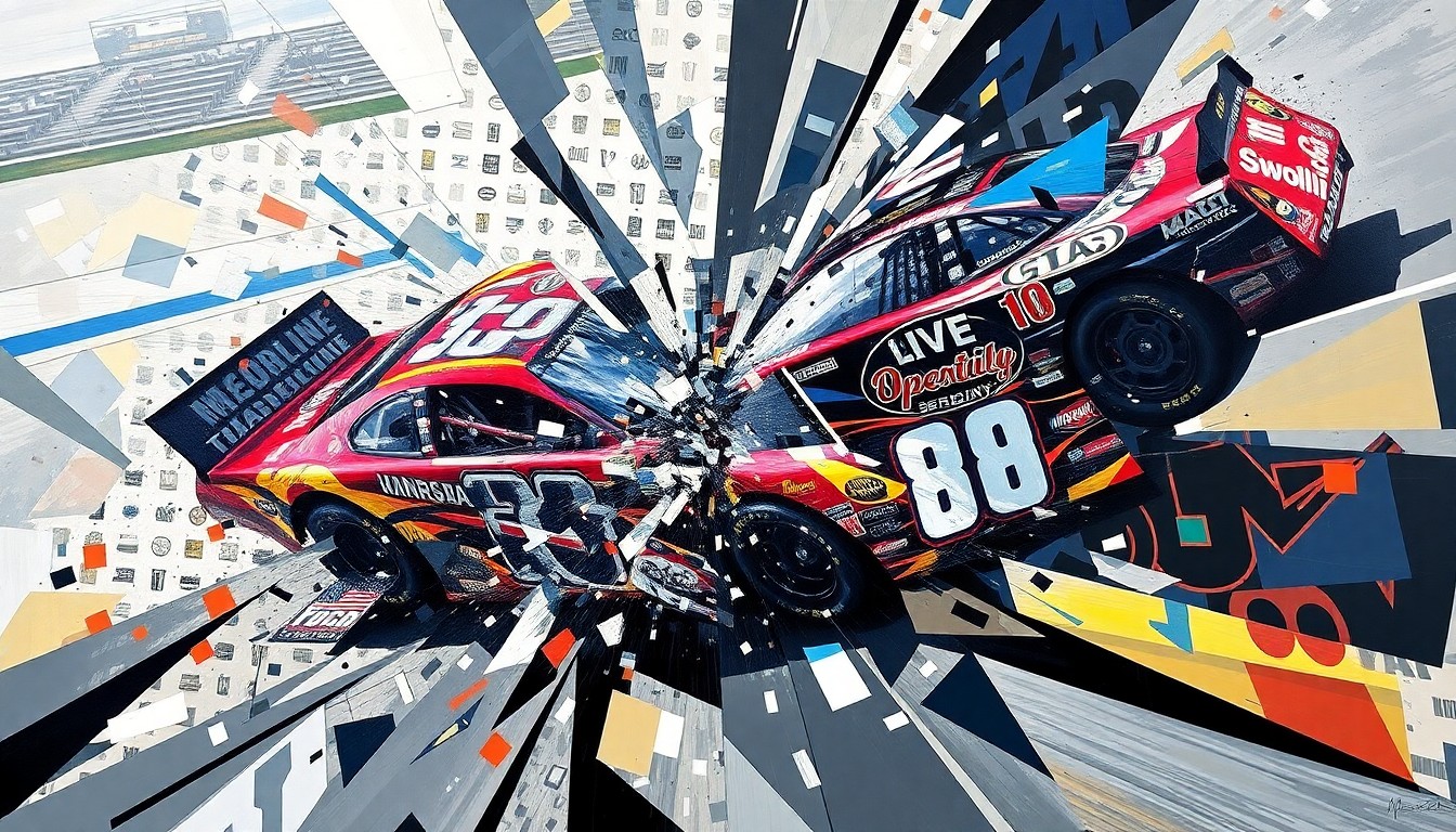 A fractured, multi-perspective painting in vibrant colors and sharp geometric shapes, representing the intensity and chaos of a NASCAR race, with the cars and drivers deconstructed into abstract forms.