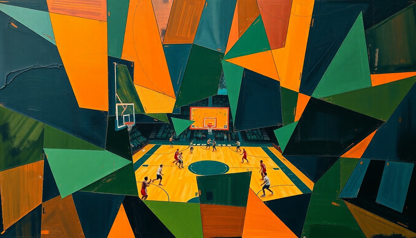 A fragmented, cubist-style painting depicting a basketball game or sports event broken down into sharp, overlapping geometric shapes in navy, green, and orange, conveying the divisive community debate over a potential NBA franchise relocation.