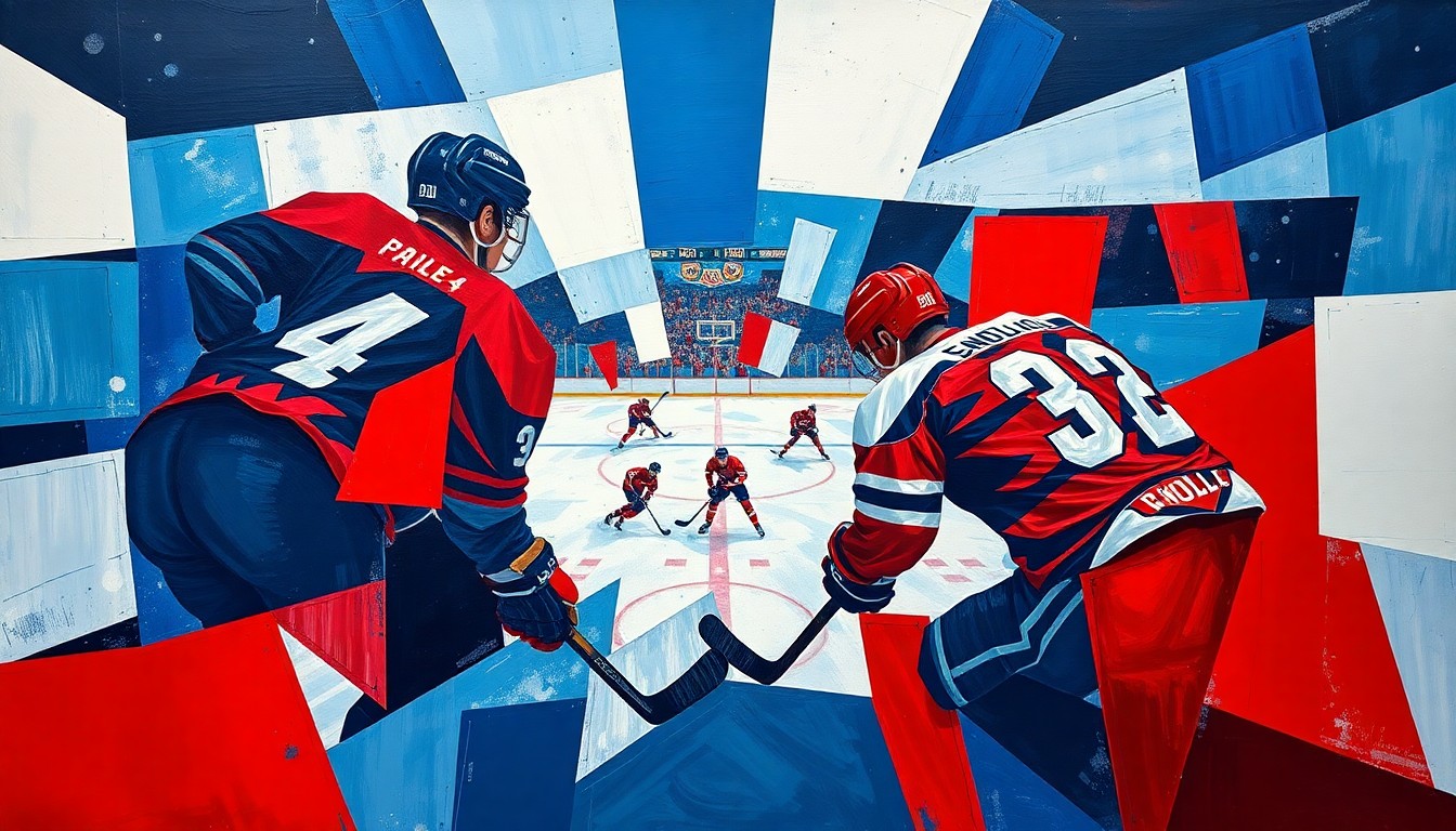 A fragmented, geometric painting depicting the fast-paced, high-energy action of an AHL hockey game, with overlapping planes of blue, red, and white representing the players, the puck, and the intensity of the competition.