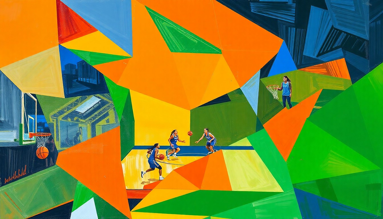 A cubist, geometric painting depicting the dynamic action of a women's basketball game, with overlapping shapes and planes in shades of orange, blue, and green conveying the intensity and energy of the matchup.