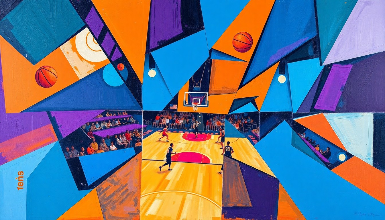 A cubist, geometric painting depicting a women's basketball game, with overlapping planes of color and movement, capturing the energy and intensity of the matchup.