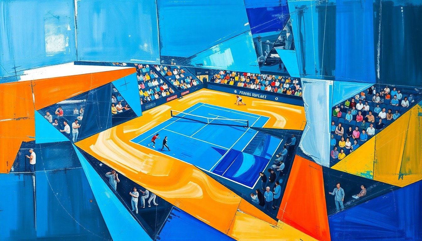 A fractured, multi-perspective painting depicting the dynamic movement and energy of a tennis match, with sharp geometric shapes and vibrant colors representing the intensity of the competition.
