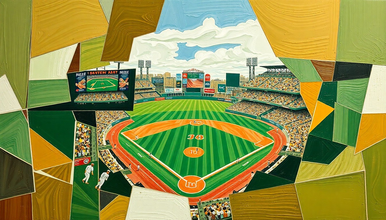 A fragmented, geometric painting depicting a baseball game broken down into sharp, overlapping planes of color, conveying the competitive energy of the doubleheader matchup.