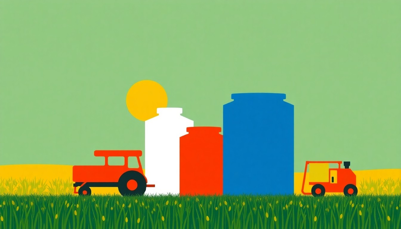 A minimalist, abstract illustration using bold geometric shapes and primary colors to conceptually represent the economic pressures facing the U.S. farm sector due to rising input costs.