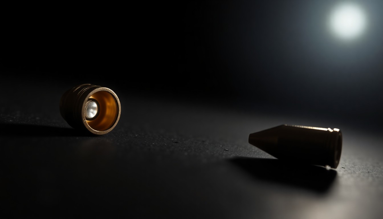 An extreme close-up photograph of a single bullet casing lying on a dark surface, lit by a harsh, direct camera flash, conceptually representing the gritty, investigative nature of the Epps case.