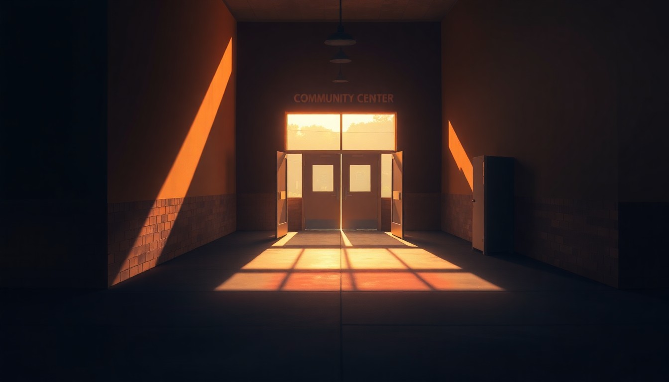 A dimly lit, cinematic painting of an empty community center entrance, with warm diagonal sunlight and deep shadows, conceptually representing the political tensions and public safety concerns over the facility.