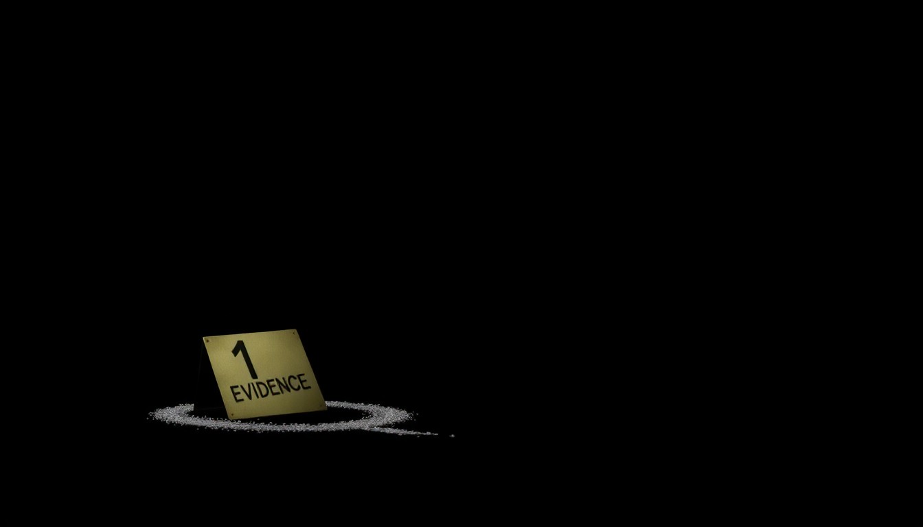 An extreme close-up photograph of a single police evidence marker, such as a numbered placard or chalk outline, lit by a harsh, direct camera flash against a pitch-black background, conceptually representing the investigation into a missing person's case.