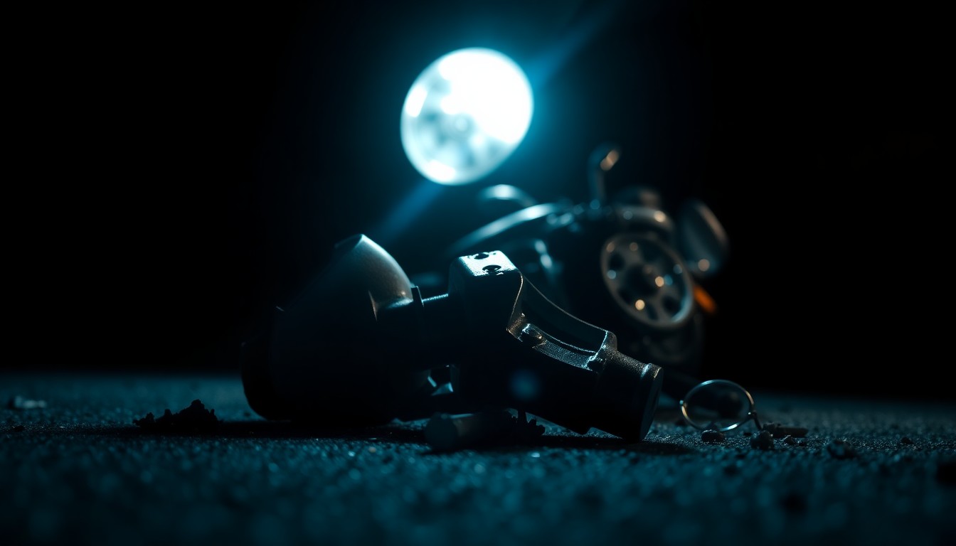 An extreme close-up photograph of a twisted, damaged motorcycle part or piece of debris from the crash site, lit by harsh, direct flash lighting against a pitch-black background, conveying the gritty, investigative nature of the incident.