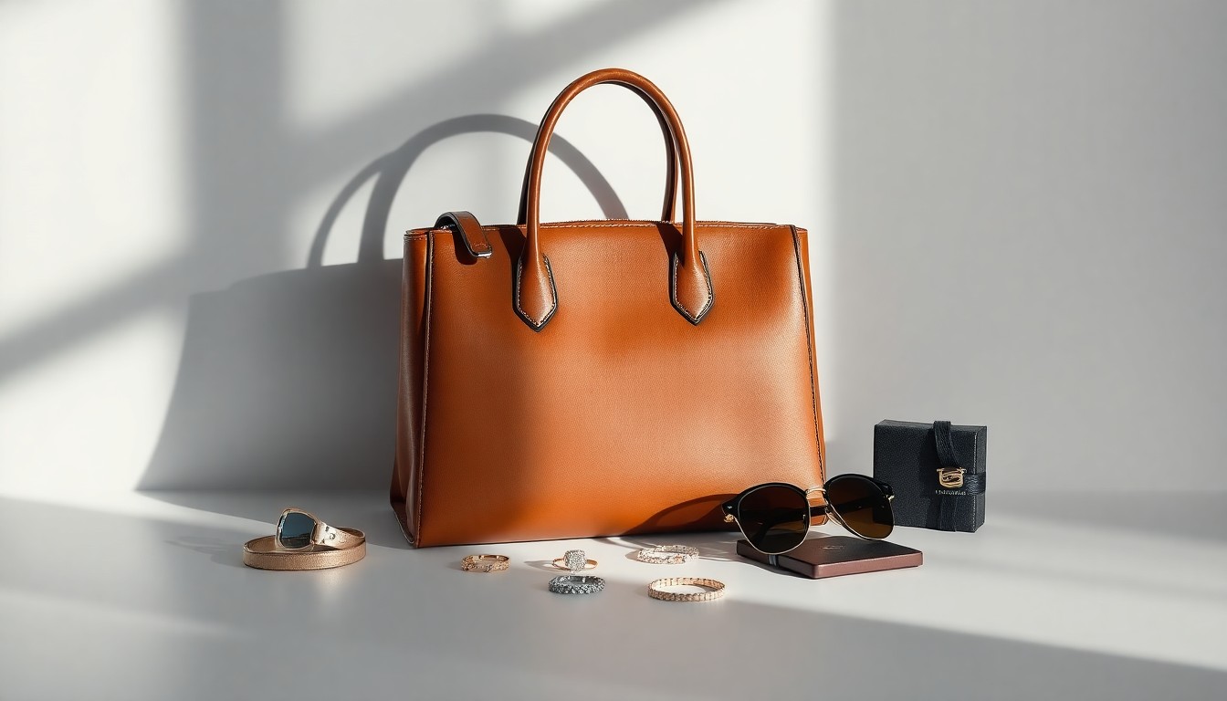 A high-end, photorealistic studio still life featuring a neatly arranged composition of luxury fashion items like a leather handbag, designer sunglasses, and jewelry, all set against a clean, monochromatic background with dramatic lighting and deep shadows, conceptually representing the abstract business trends surrounding the Lulu's Fashion Lounge brand.
