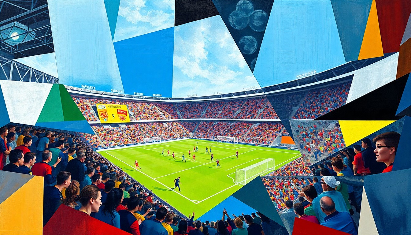 A fractured, multi-perspective painting in bold, angular shapes and vibrant colors, representing the movements and energy of a women's soccer match at Empower Field.