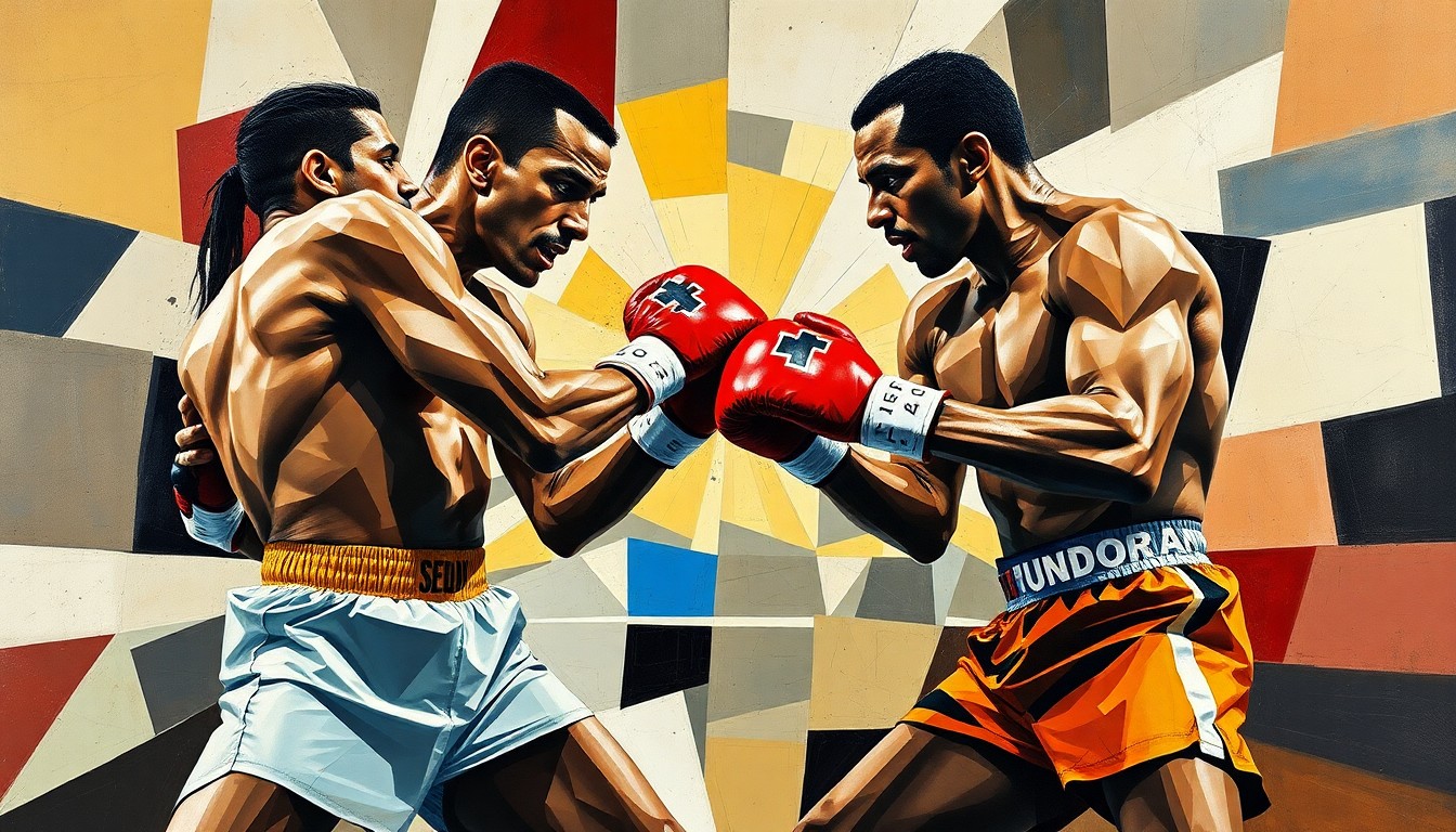 A fractured, multi-perspective painting in a cubist style, breaking down the Fundora vs. Thurman boxing match into sharp, overlapping geometric forms that convey the raw power and intensity of the bout.