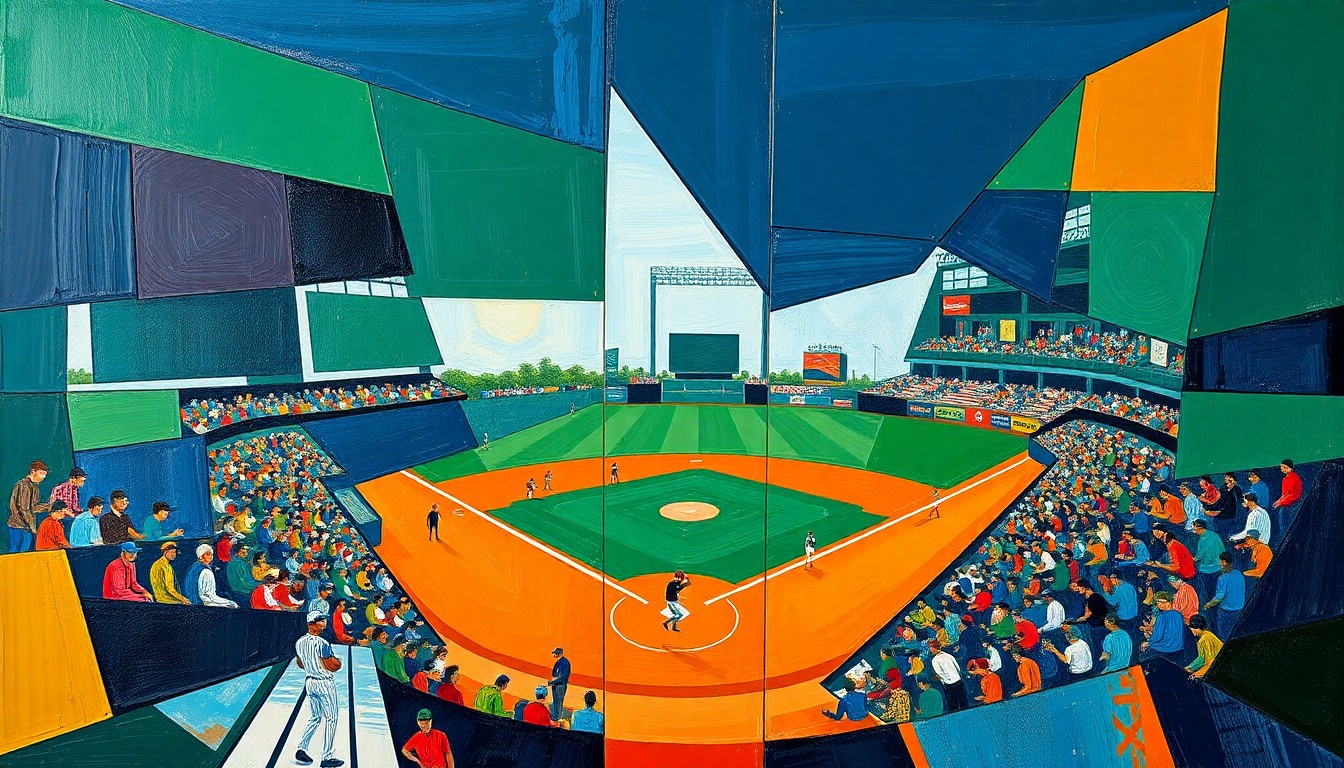 A cubist, geometric painting depicting a baseball game in progress, with players and the field fractured into overlapping angular shapes in shades of blue, green, and orange.