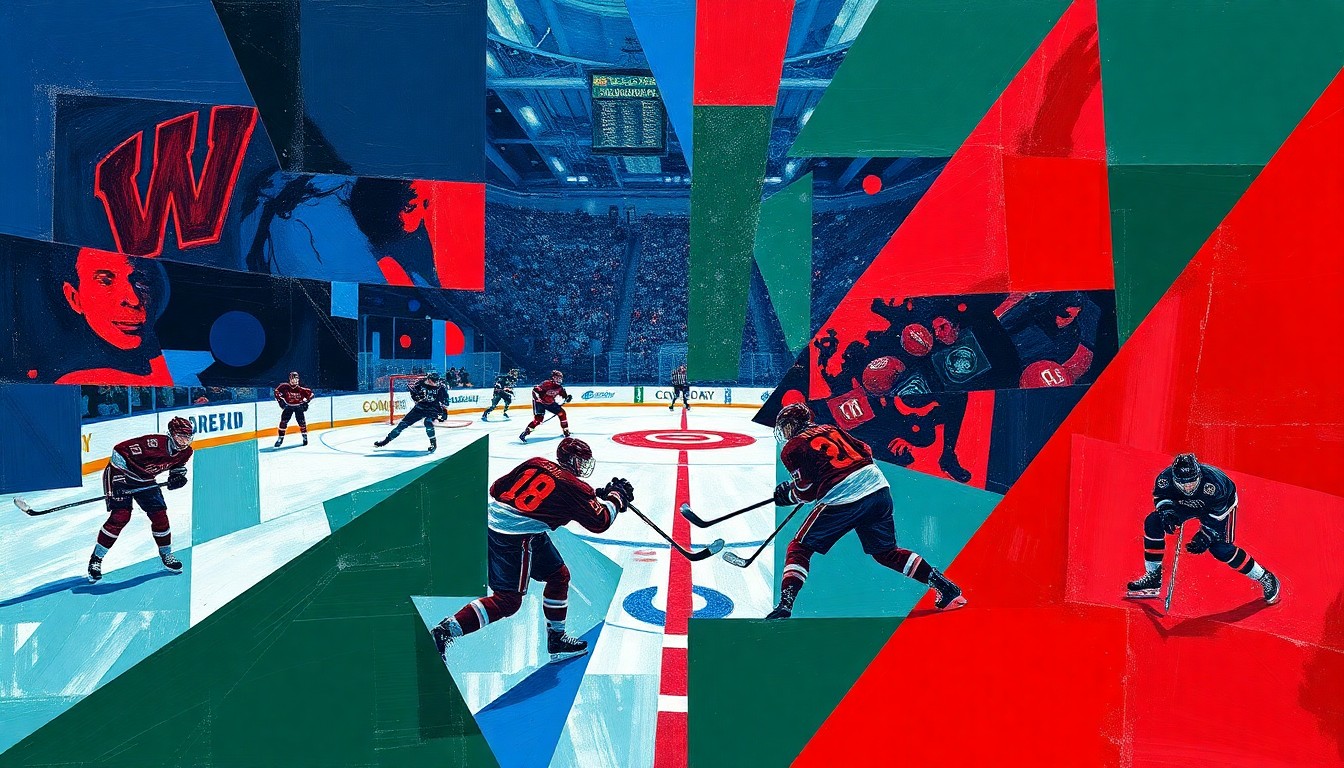 A cubist, geometric painting depicting the chaotic, high-energy action of an overtime college hockey game, with sharp planes of navy, red, and green representing the players, puck, and arena.