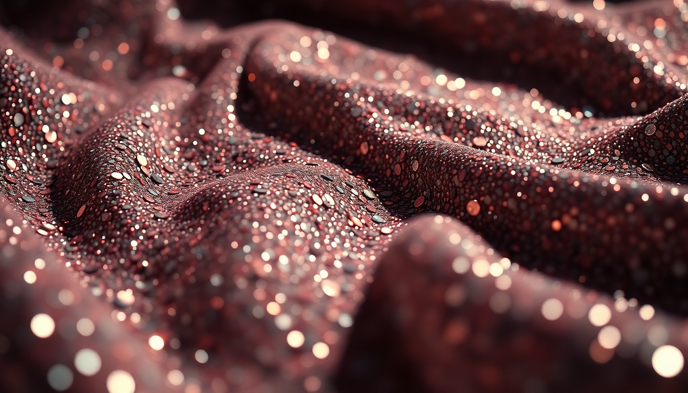An extreme close-up of shimmering, high-contrast textures like glittering sequins and crushed velvet, conceptually representing the glamour and intensity of acclaimed crime television.