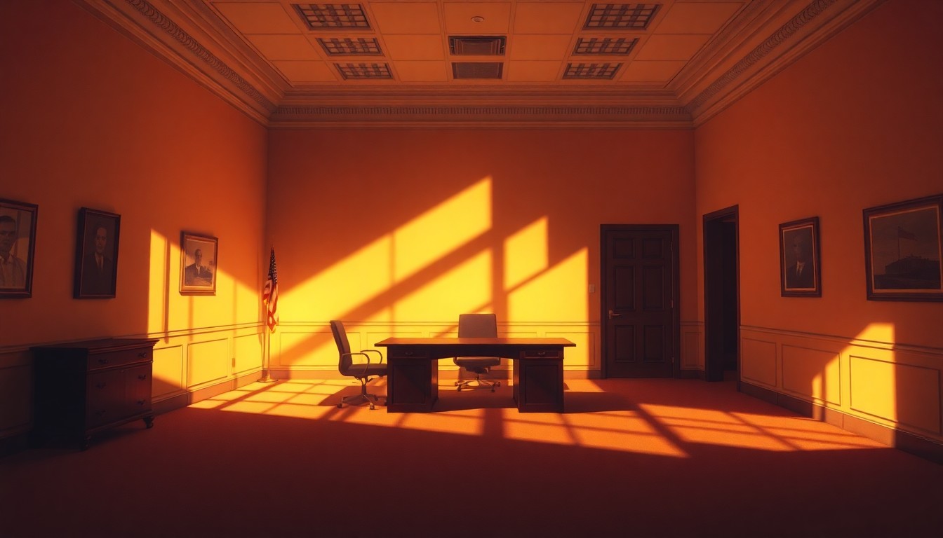A dimly lit, cinematic painting of an empty government office space, with warm sunlight streaming through the windows and deep shadows cast across the room, creating a pensive, contemplative mood about the challenges of political leadership during wartime.