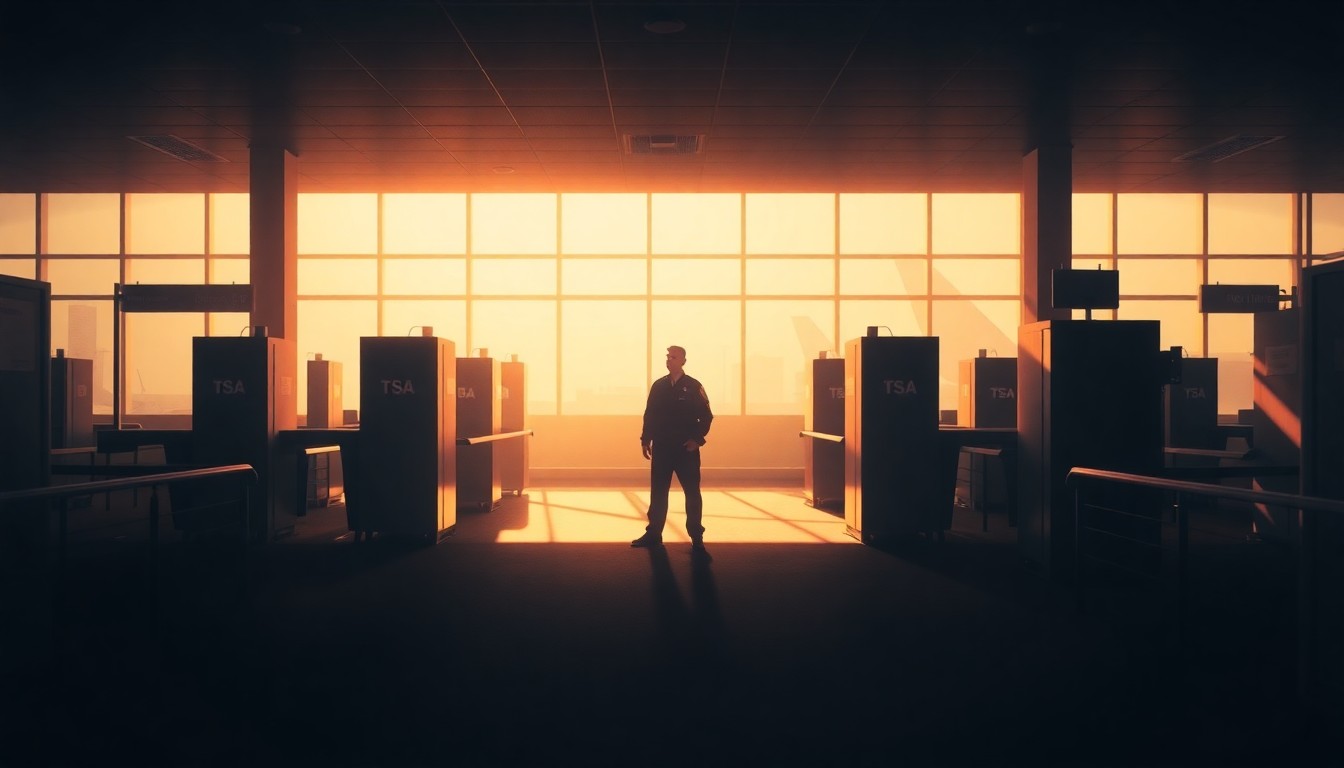 A serene, cinematic painting depicting a lone TSA officer standing in an empty airport security checkpoint, the space bathed in warm, diagonal sunlight and deep shadows, capturing the quiet melancholy of the situation.