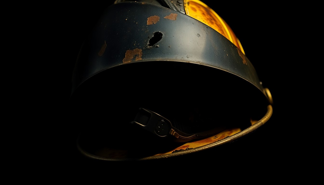 An extreme close-up photograph of a firefighter's helmet with a scorched and dented exterior, conveying a sense of investigation and scrutiny within the fire department.