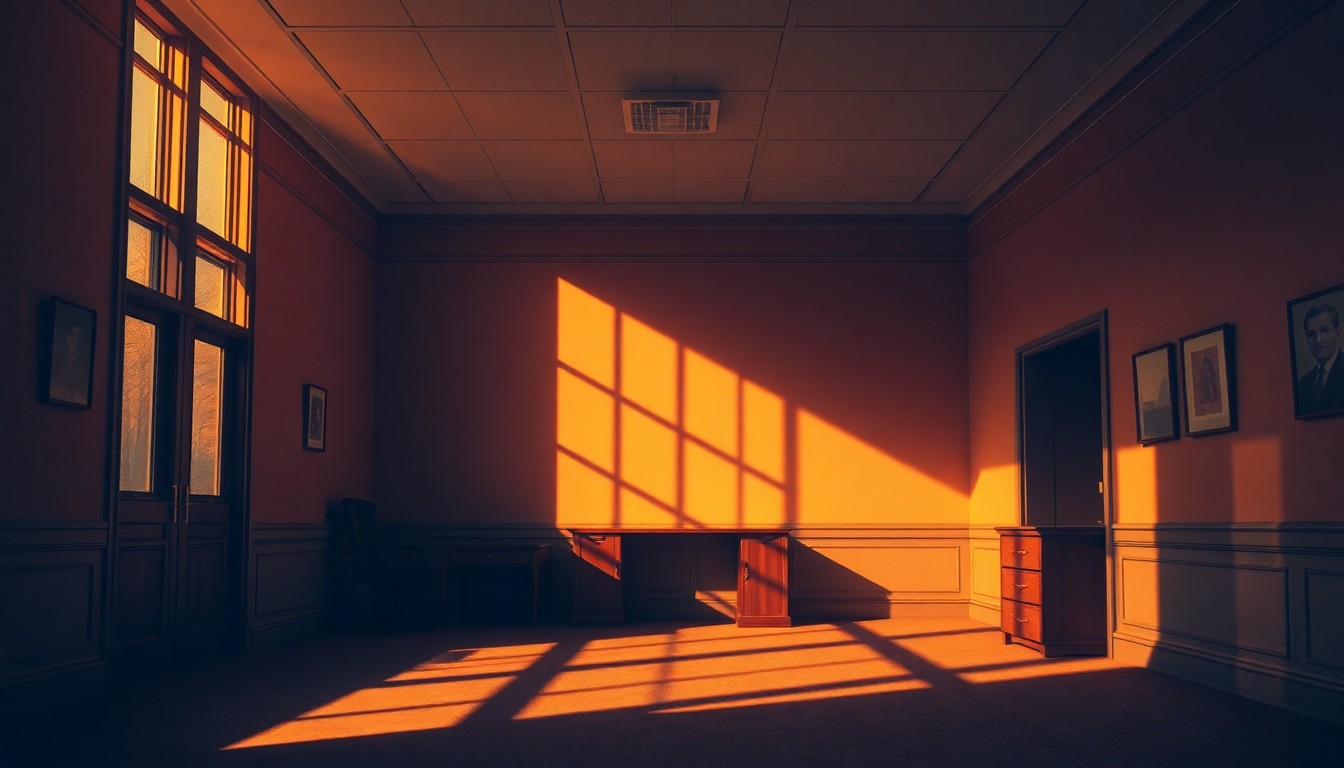 A dimly lit, cinematic painting of an empty government office space, with sunlight streaming in through the windows and deep shadows casting a sense of melancholy and nostalgia over the scene.