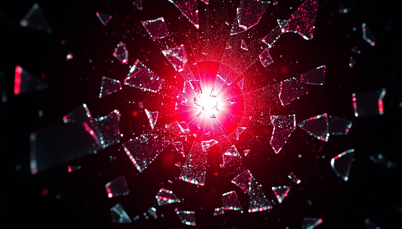 An abstract close-up photograph of shattered glass shards reflecting a dramatic burst of red light, conveying the intense, high-stakes energy of the top action thriller films.