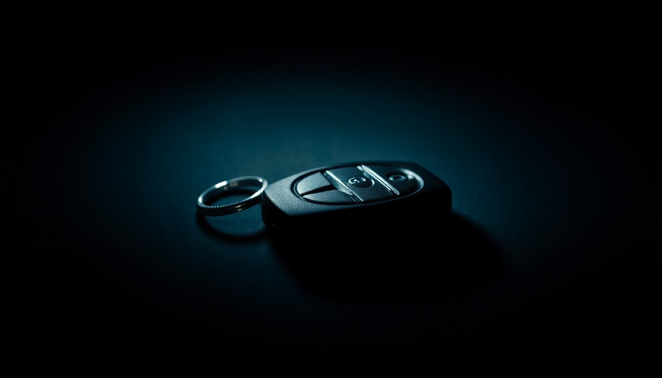 An extreme close-up photograph of a car key fob or other small piece of physical evidence, lit by a harsh, direct camera flash against a pitch-black background, conceptually representing the gritty investigation into Isabella Comas' disappearance.