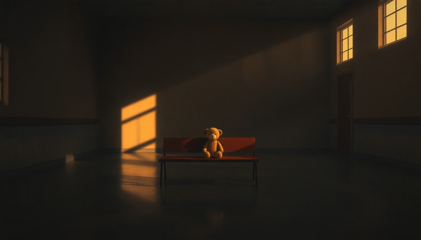 A close-up painting of a small, worn stuffed animal sitting alone on a wooden bench in a dimly lit, sparsely furnished room, with warm sunlight streaming in through a window and casting deep shadows across the scene.