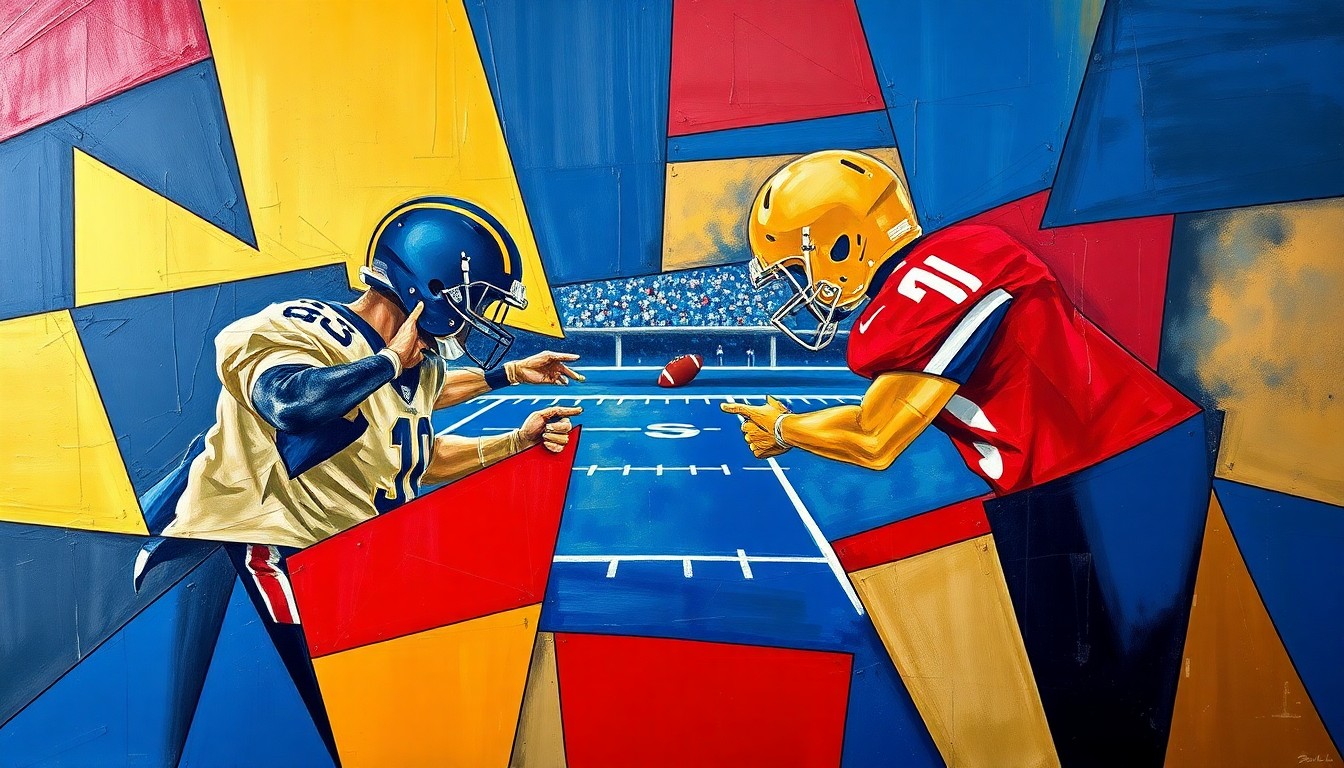 A cubist, geometric painting depicting an American football game, with the field and players broken down into sharp, overlapping planes of navy, gold, and crimson red, capturing the dynamic movement and energy of the sport.