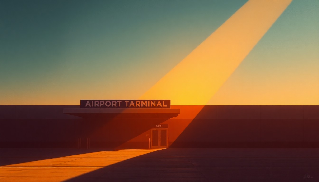 A warm, cinematic painting of an airport terminal building in soft light and deep shadows, with the name sign partially obscured, conveying a sense of political tension and nostalgia.