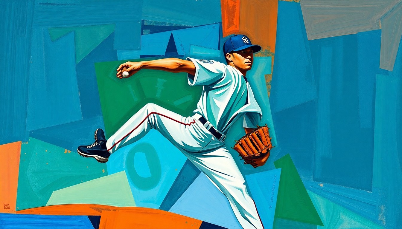 A cubist, geometric painting depicting the motion of a baseball pitcher, with sharp, overlapping planes of color representing the various movements and perspectives of the delivery.