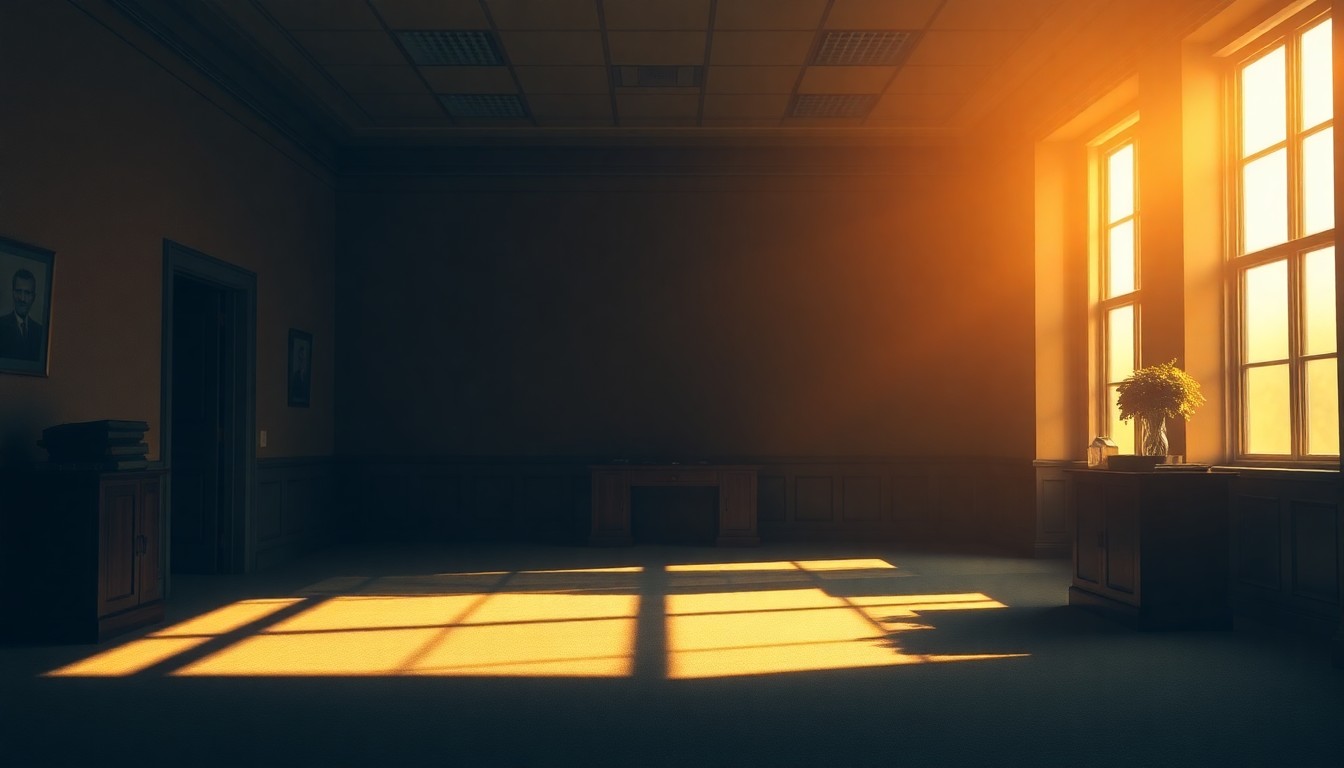 A quiet, cinematic painting of an empty government office space with warm, diagonal sunlight and deep shadows, conveying a sense of political tension and uncertainty.