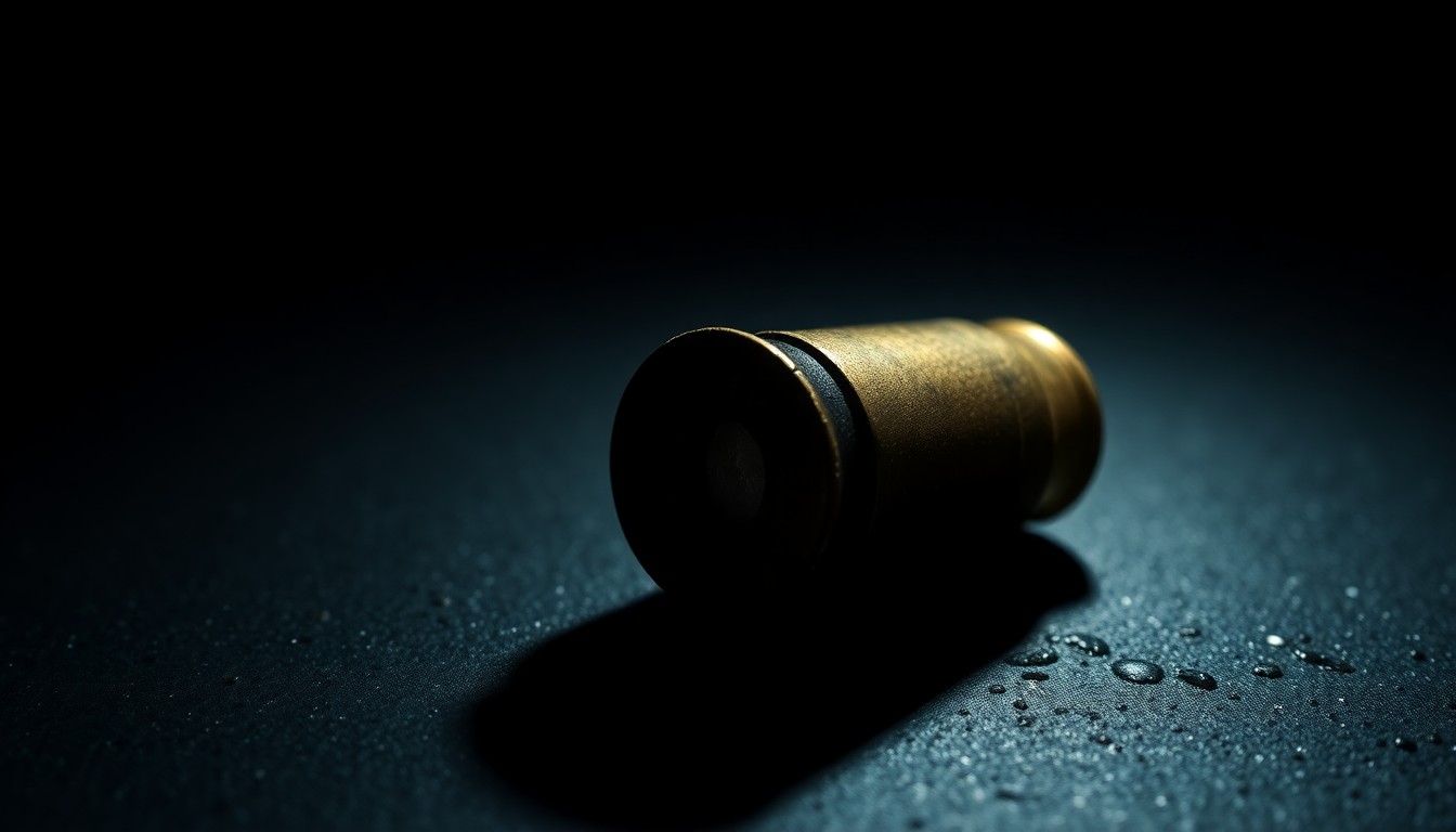 An extreme close-up photograph of a spent bullet casing on a dark, textured surface, lit by a harsh, direct camera flash, conceptually representing the aftermath of a shooting incident.