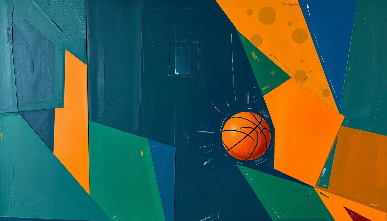 A fragmented, cubist-style painting depicting a basketball game or match, with the players and court broken down into sharp, overlapping geometric shapes in shades of navy, green, and orange, conveying the conceptual idea of transition and change in the coaching ranks.