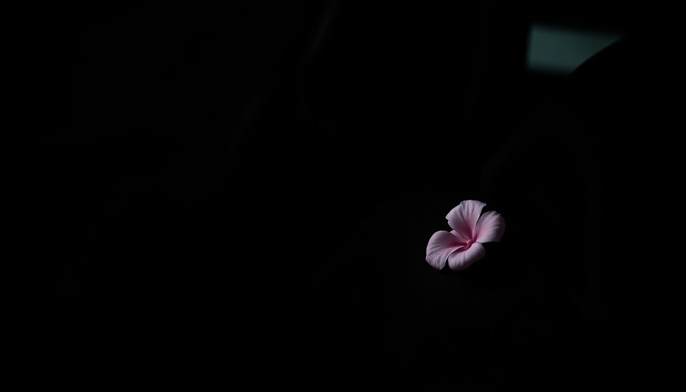 An extreme close-up photograph of a child's car seat with a single pink flower petal on the seat, lit by a harsh, direct camera flash against a pitch-black background, conceptually representing the loss and urgency of a child abduction case.