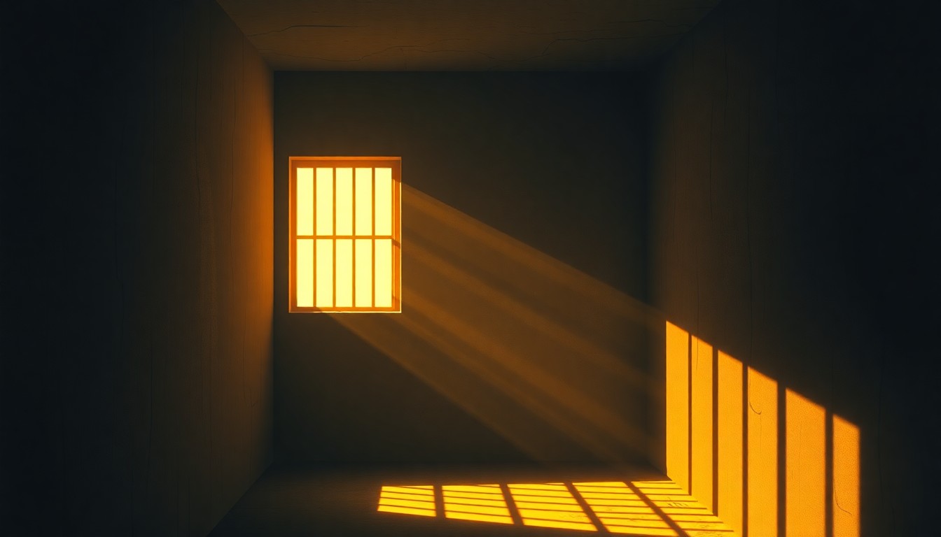 A dimly lit prison cell with a single barred window casting warm, diagonal sunlight across the floor, conceptually illustrating the detention of Venezuela's deposed dictator.