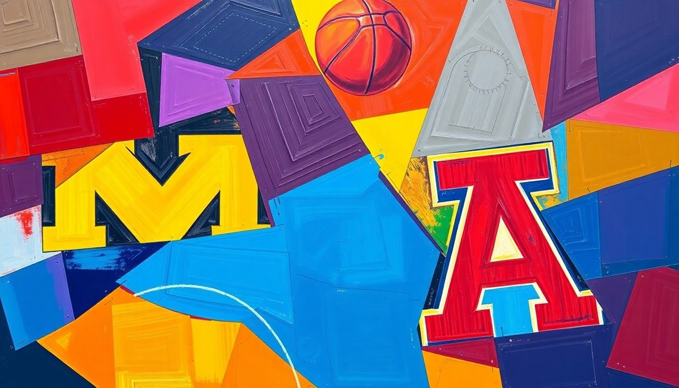 A cubist, geometric painting depicting the action of a basketball game, with players and the court broken down into sharp, overlapping planes of color, capturing the intensity and energy of the Final Four matchup.