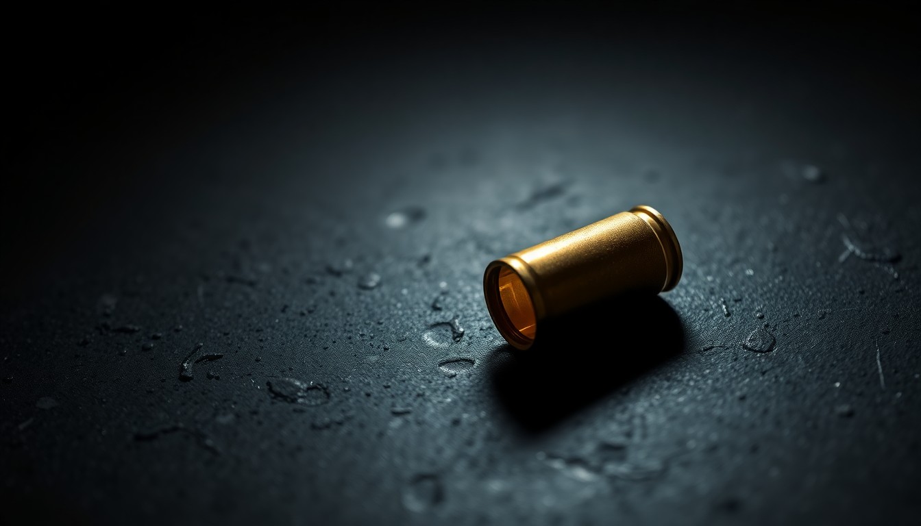 An extreme close-up of a single spent shell casing on a dark, textured surface, creating a stark, gritty, investigative aesthetic through the use of harsh, direct flash lighting.