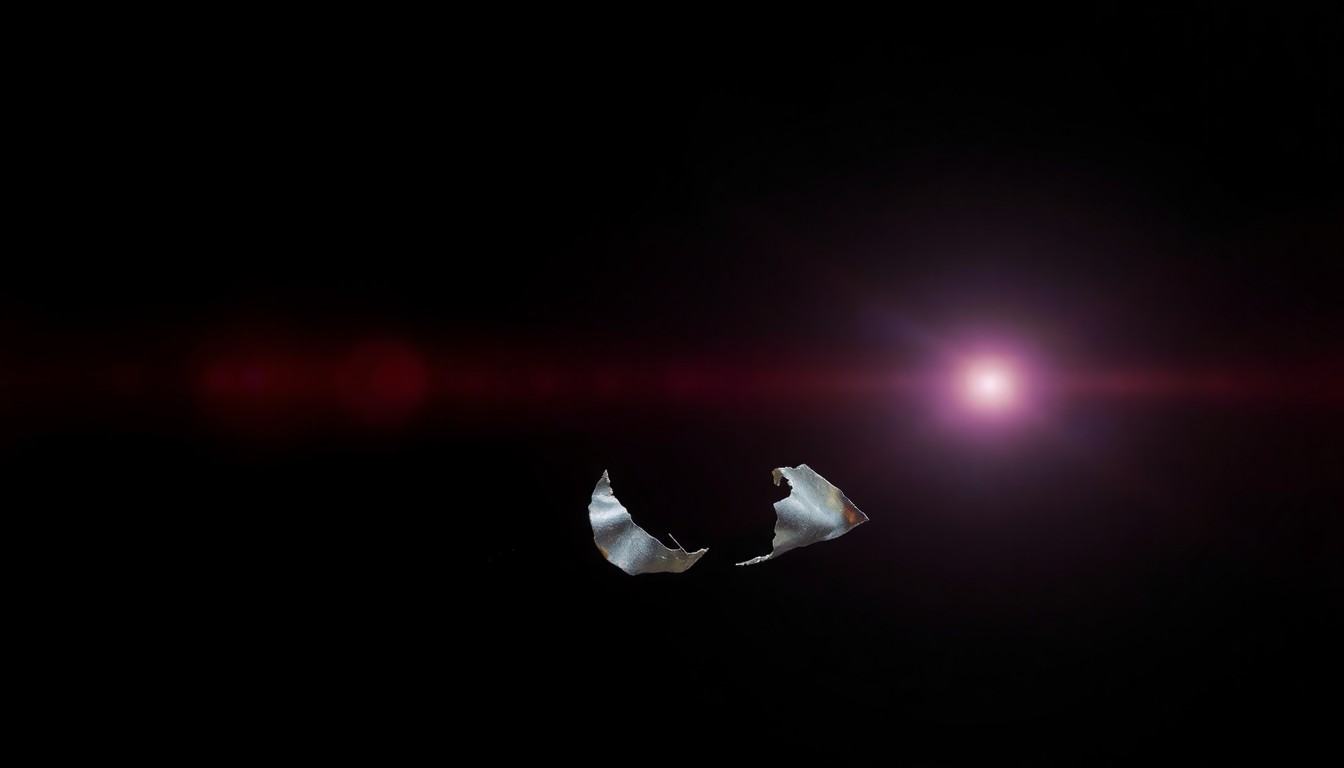 An extreme close-up photograph of a twisted, rusted metal object against a pitch-black background, conceptually representing a piece of physical evidence from the crime scene.