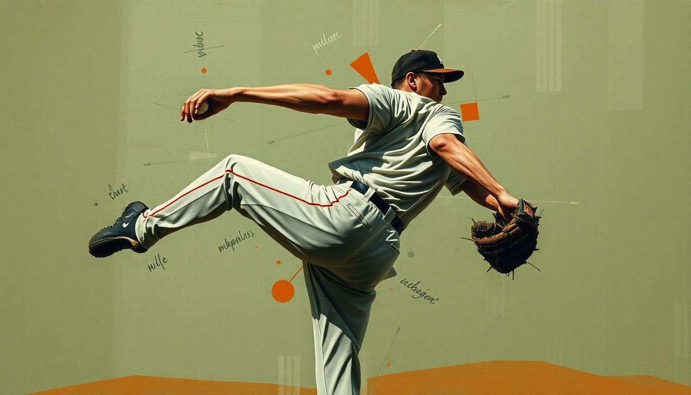 A fragmented, geometric painting in muted tones shows the distorted motion of a baseball pitcher, conveying the sudden disruption and uncertainty of an unexpected injury.