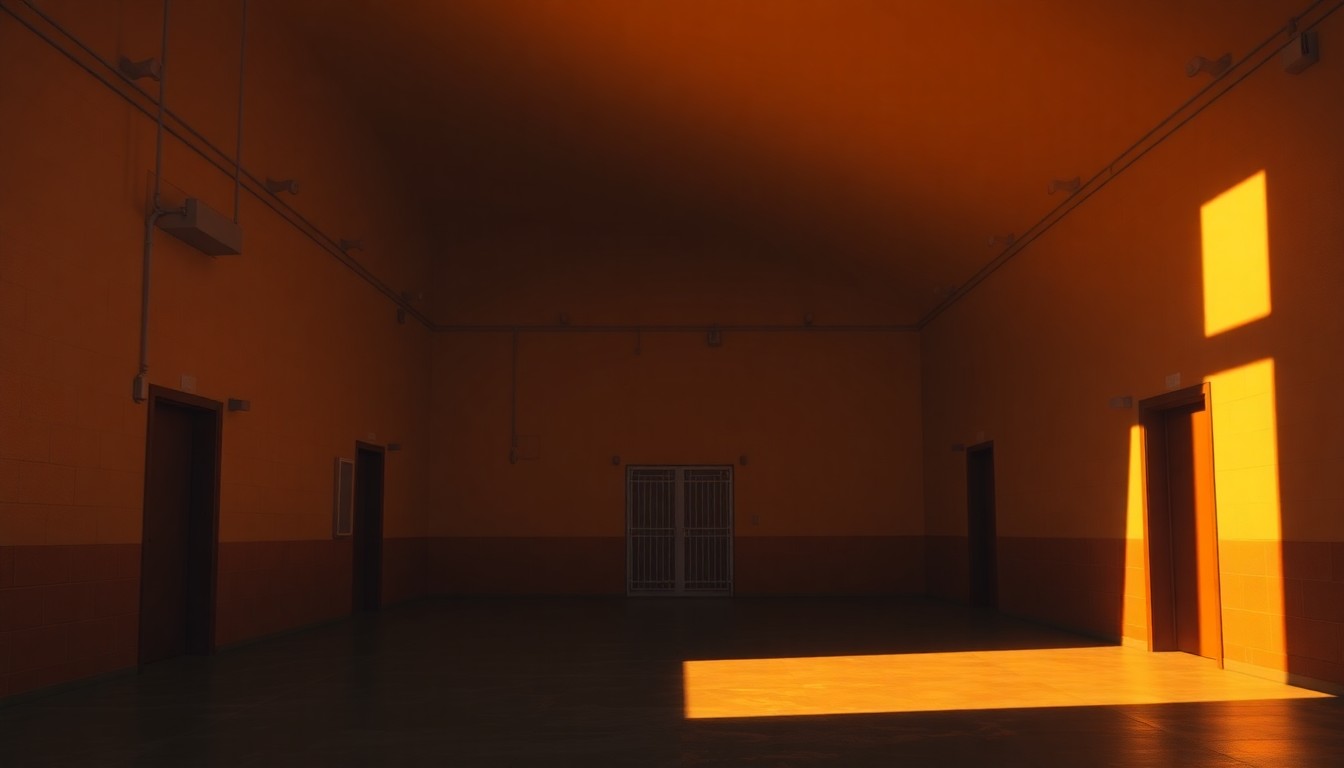 A dimly lit, cinematic painting of a nondescript government building or detention facility, with warm sunlight streaming in through the windows and deep shadows obscuring details, conveying a sense of unease and uncertainty.