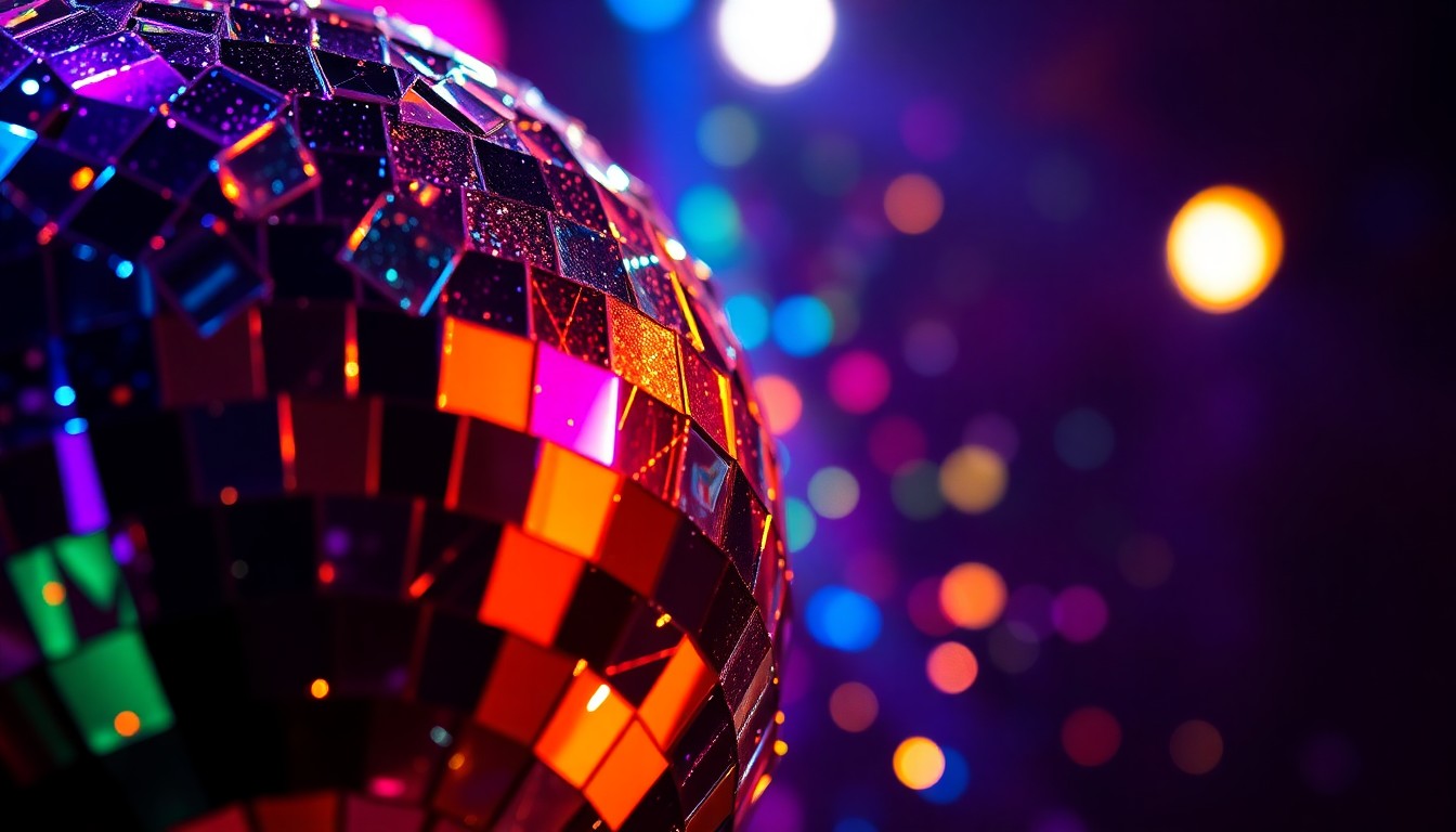 An extreme close-up photograph of shattered disco ball fragments reflecting a vibrant array of stage lighting, conceptually representing the glamour and energy of upcoming live music events in Nevada.