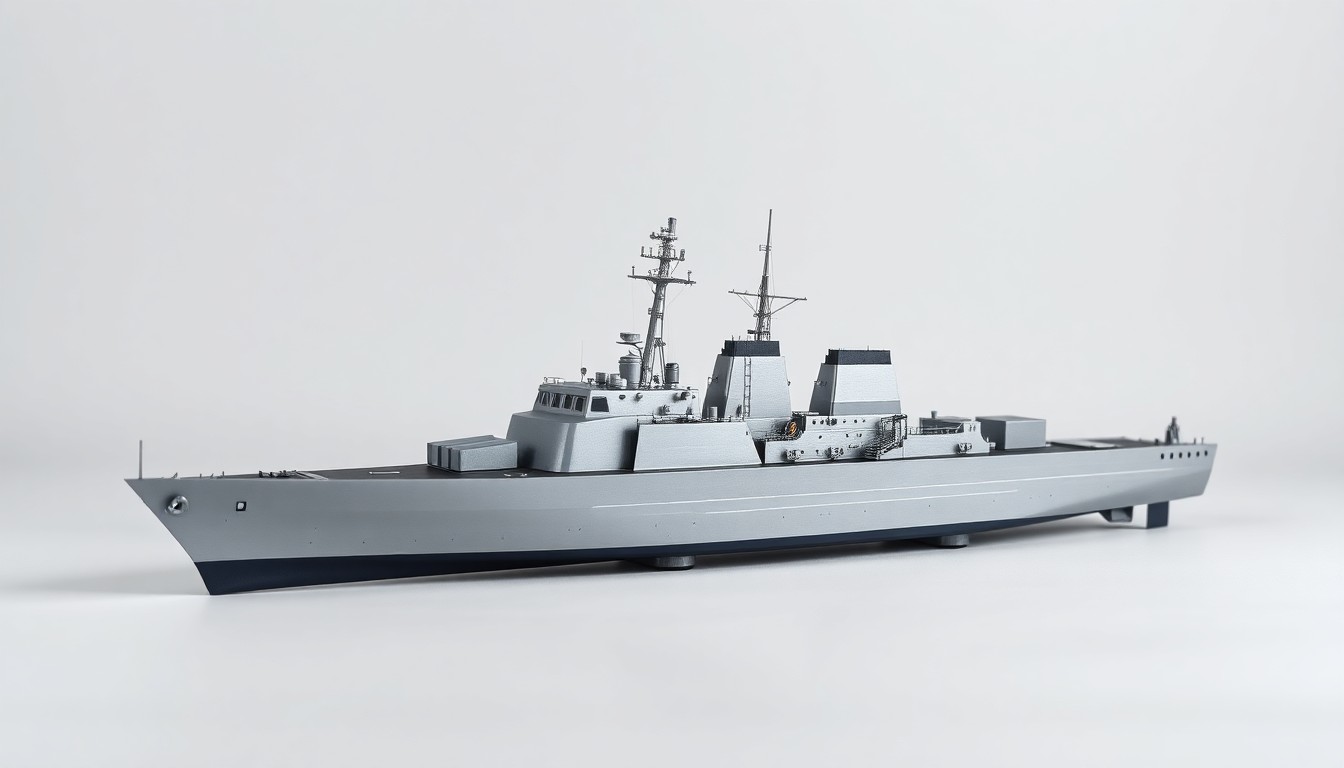 A photorealistic studio still life photograph showing a sleek, metallic model of a guided missile destroyer elegantly arranged on a clean, monochromatic background, conveying the precision engineering and strategic importance of these naval vessels.