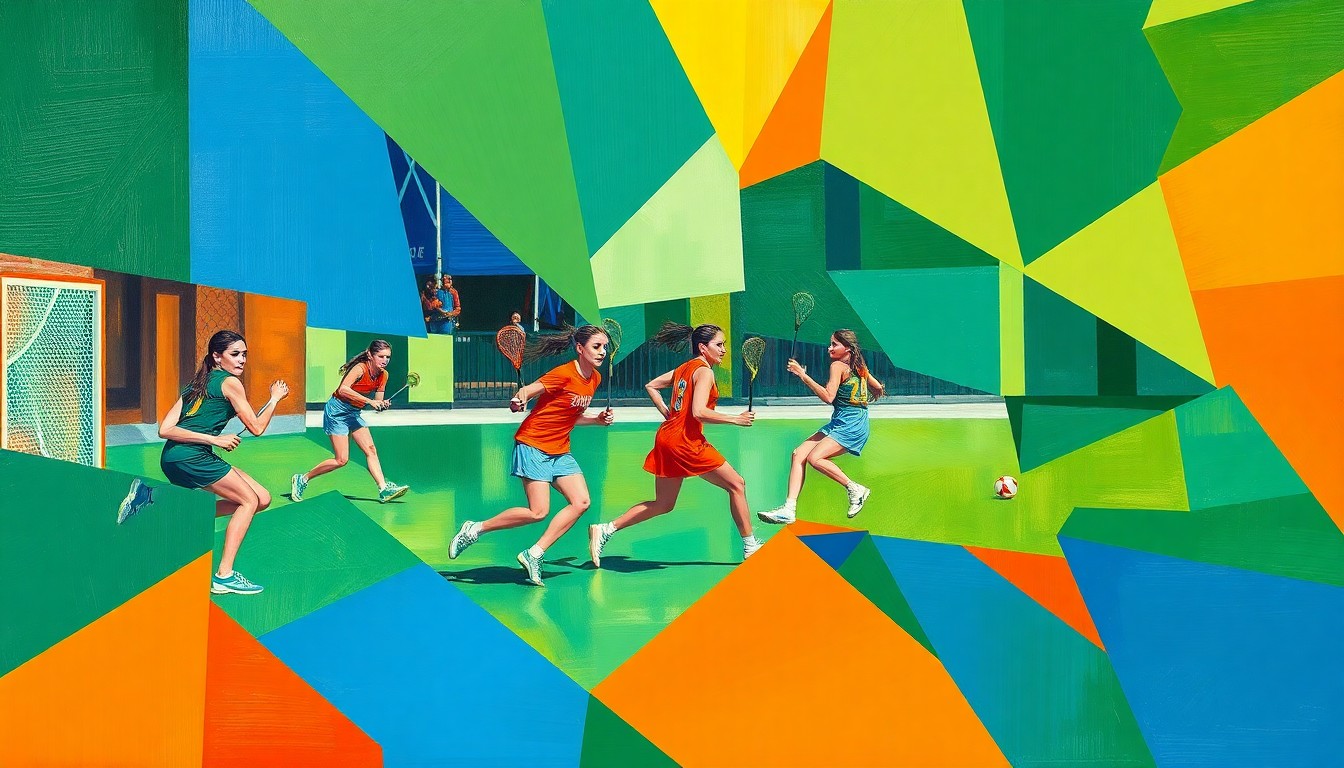A cubist, geometric painting depicting a girls lacrosse game in motion, with overlapping planes of green, blue, and orange representing the players, ball, and field.