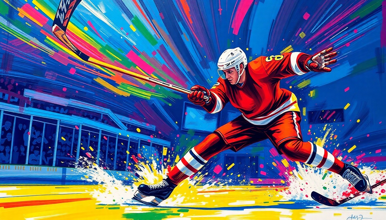 A vibrant, expressionist painting in neon colors depicting the dynamic motion of a hockey player scoring a goal, with bold brushstrokes and an intense, energetic style that captures the excitement of the game.