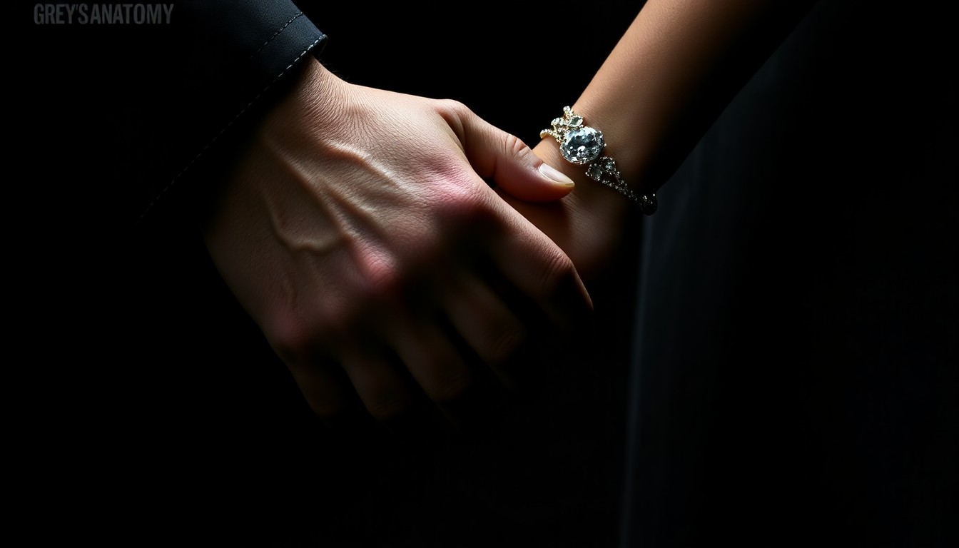 An extreme close-up photograph of two hands intertwined, the skin and jewelry creating a luxurious, high-fashion texture under dramatic studio lighting, conceptually representing the blossoming real-life romance between the 'Grey's Anatomy' co-stars.