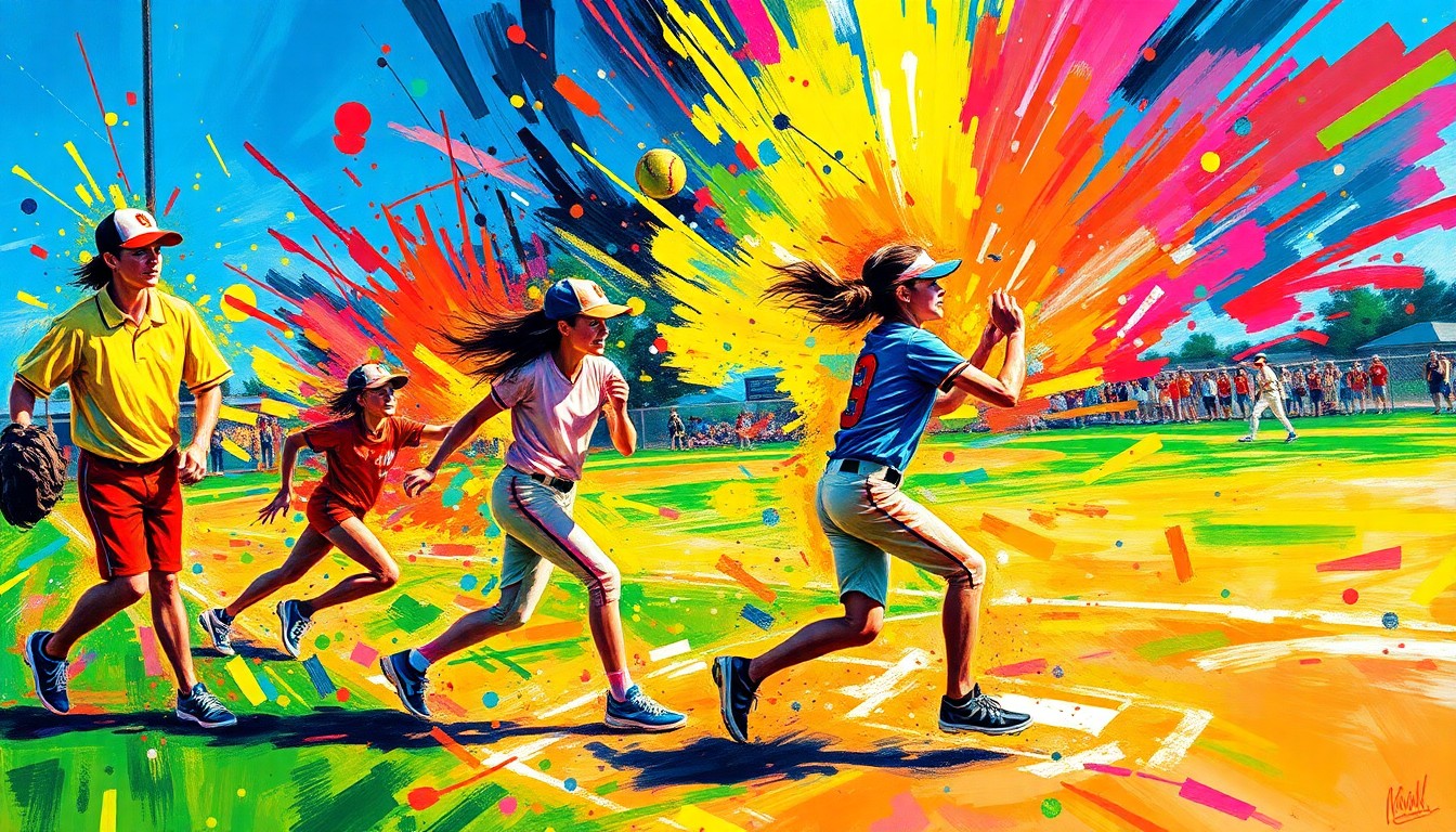 An abstract, expressionist painting in vibrant neon colors, capturing the dynamic motion and energy of a high school softball game, with players' forms dissolving into bold, gestural brushstrokes.