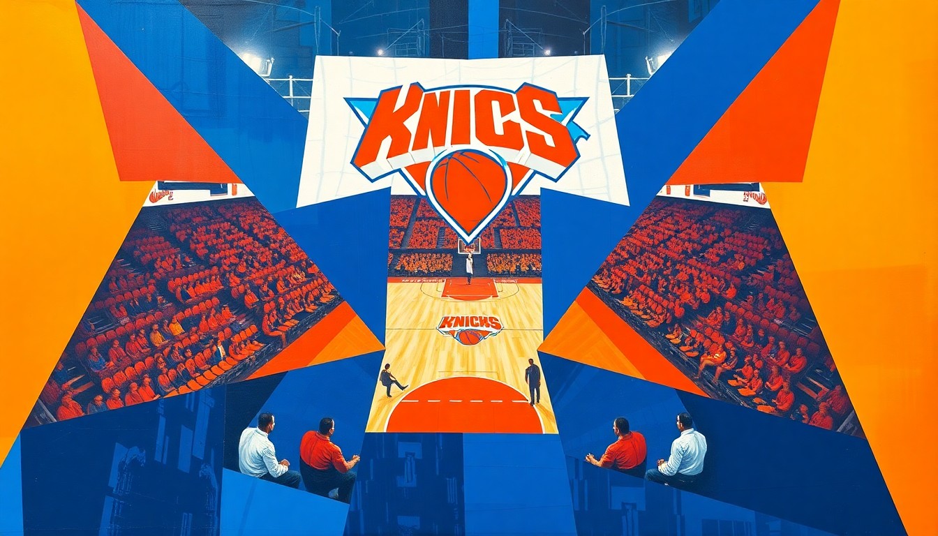 A cubist, geometric painting depicting a Knicks basketball game or practice, with sharp, overlapping planes of orange, blue, and white representing the dynamic energy and leadership of the team.
