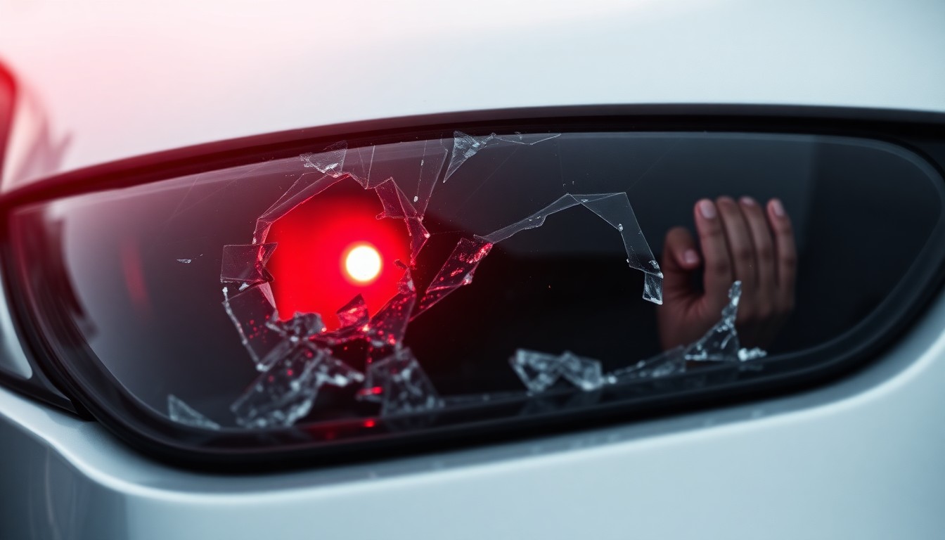 An extreme close-up photograph of a shattered car sensor lens reflecting a faint red light, conceptually illustrating the violence and aggression towards law enforcement.