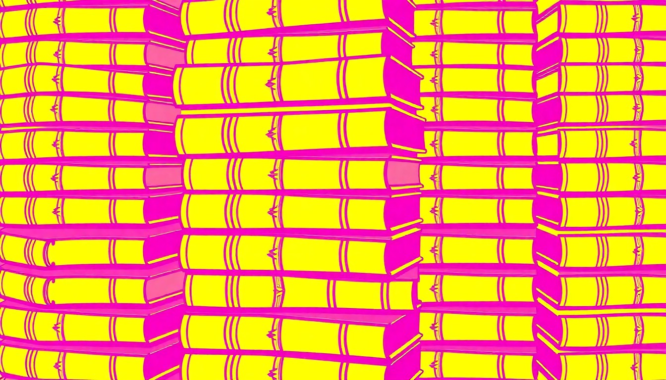 A highly stylized, abstract silkscreen print featuring a repeating pattern of a stack of Jewish prayer books or a Torah scroll in a bold, neon color palette, conceptually representing the transformative educational mission of Chaya Aydel Seminary.